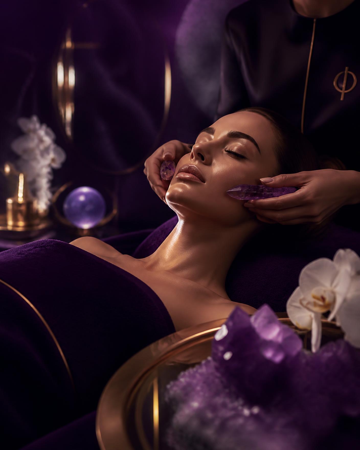 Guest receiving an amethyst European facial ritual in candlelight