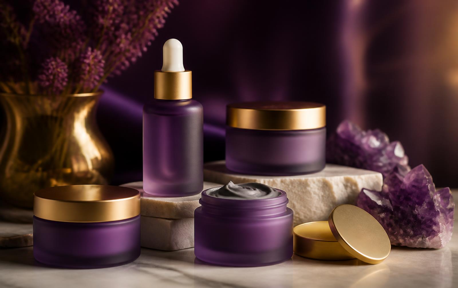 The full Angelic Beauty handmade skincare collection in amethyst glass and champagne gold